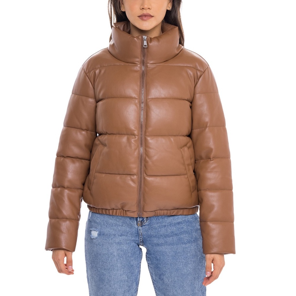 Sebby cognac faux leather puffer winter jacket